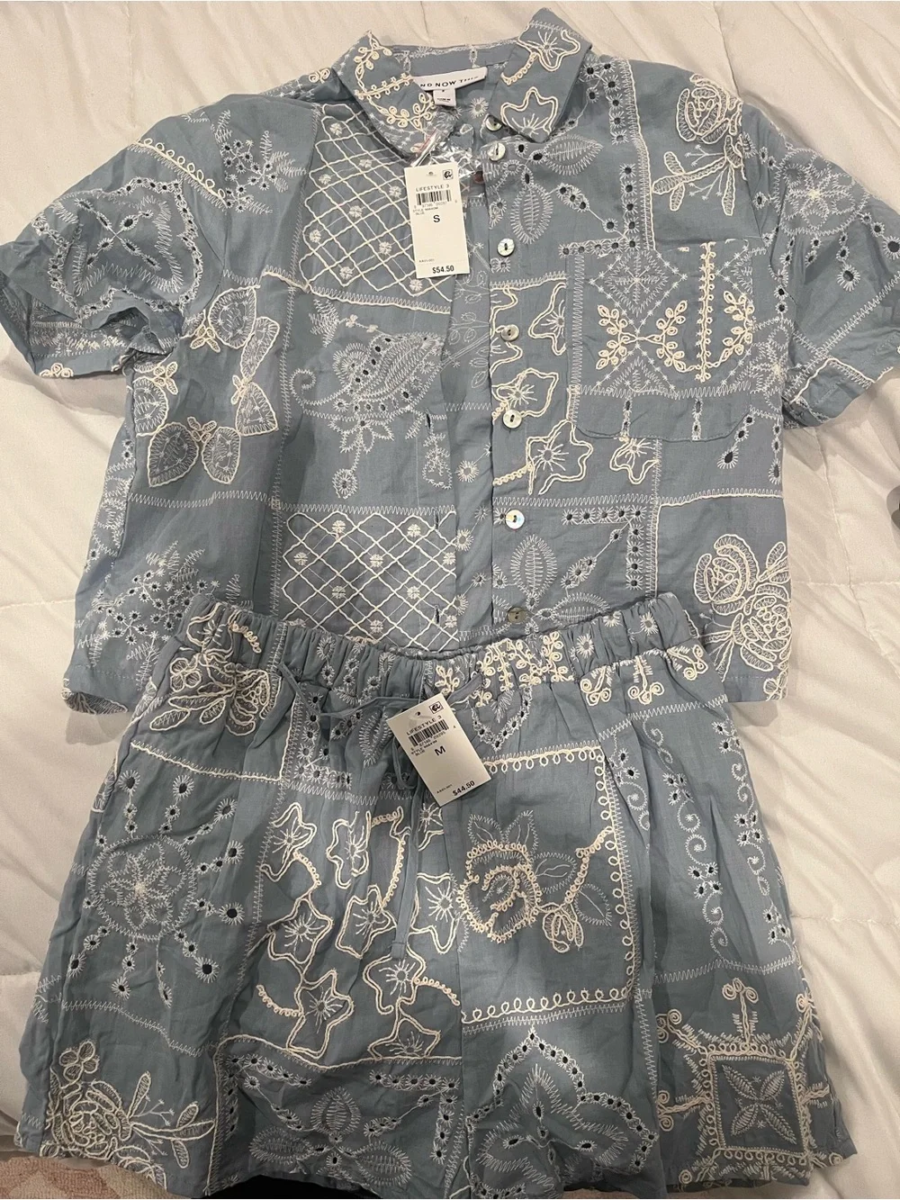 On 34th Macys cotton Light Blue Eyelet Cotton top Shorts set Women summer nwt